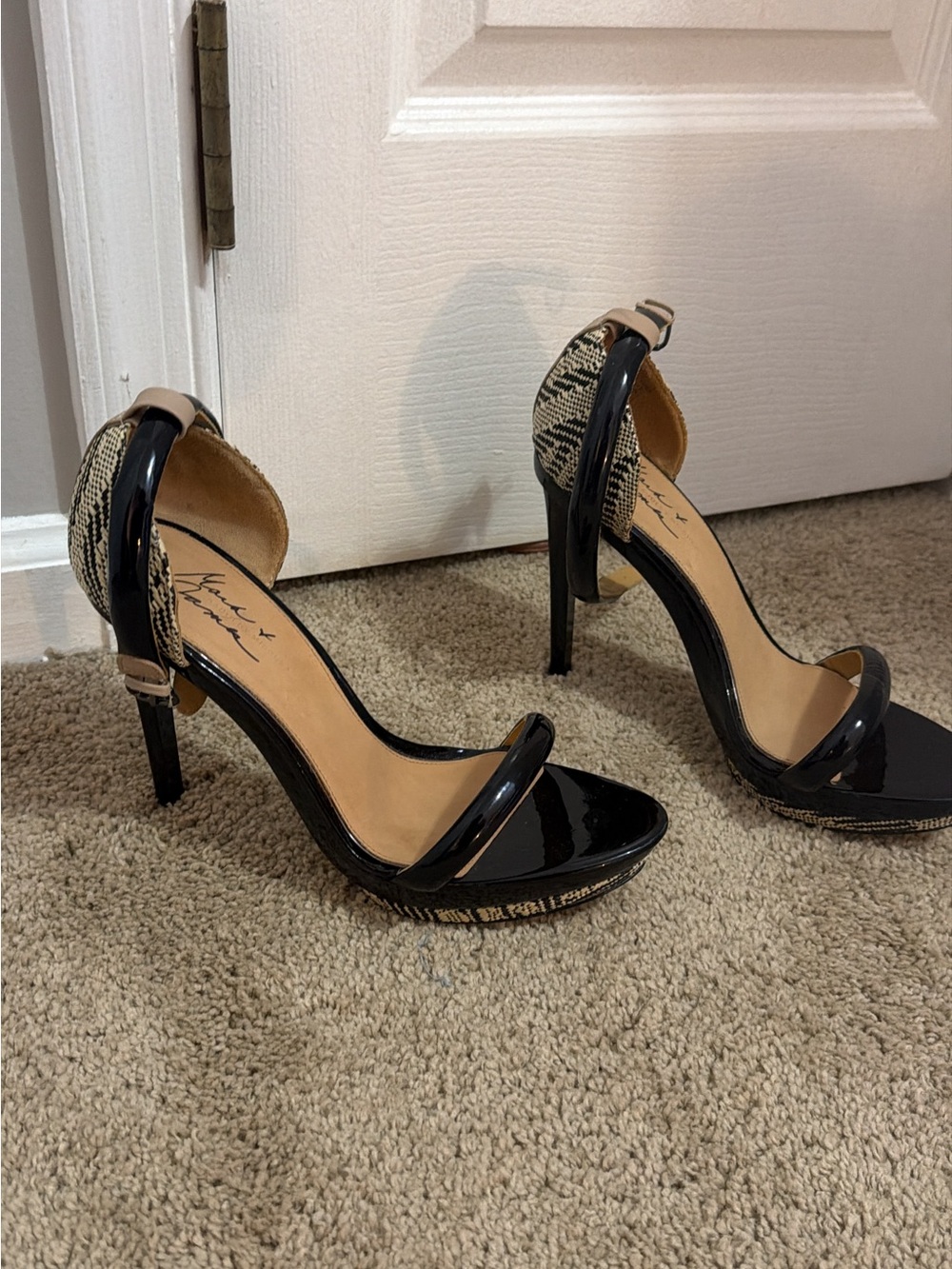 Badgley Mischka Black Patent Heels with Snake-Print Accent